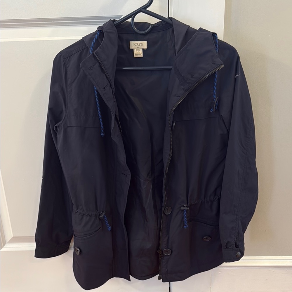 J. Crew Navy Blue Textured Raincoat with Collared Neckline